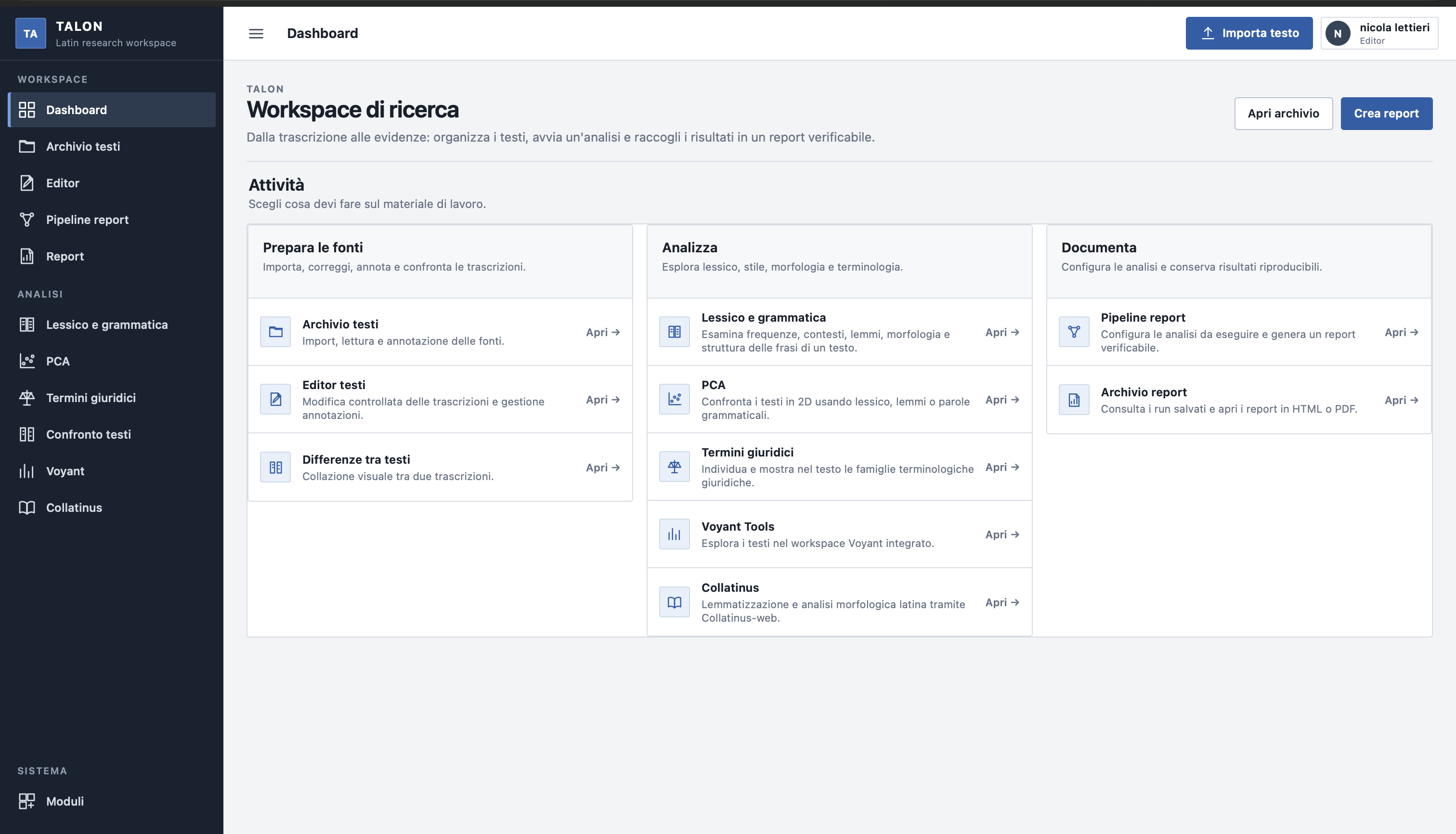 Interfaccia del workspace TALON
